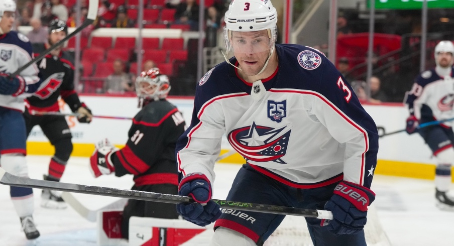 Apr 2, 2026; Raleigh, North Carolina, USA; Columbus Blue Jackets center Charlie Coyle (3) skates against the Carolina Hurricanes during the second period at Lenovo Center.