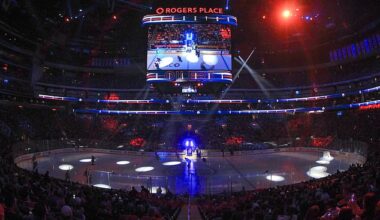 An Edmonton Oilers fan began giving birth during a Saturday night game at Rogers Place
