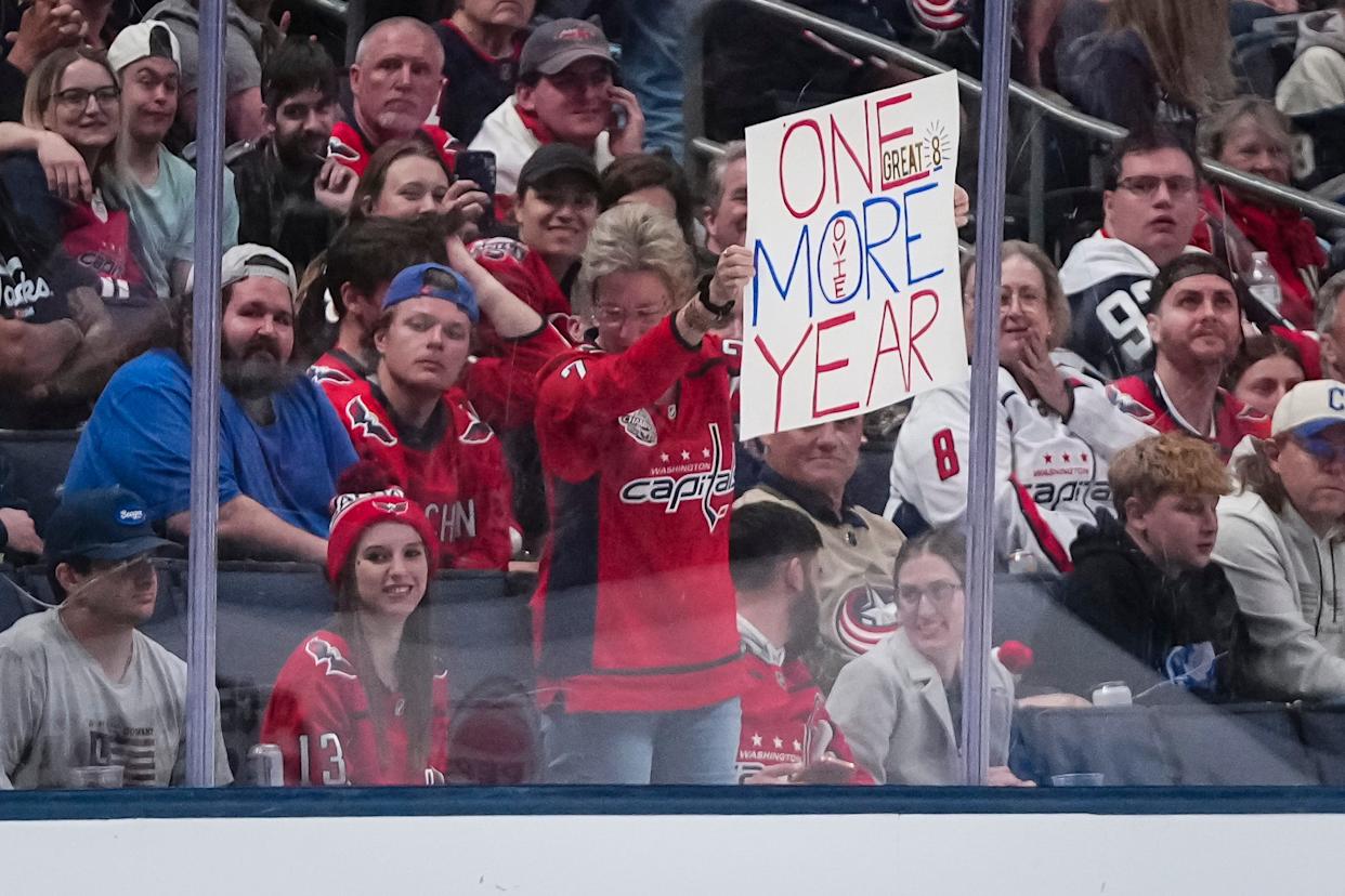 Fans appeal for another season for Capitals star Alex Ovechkin at Nationwide Arena on April 14.