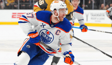 Connor McDavid (97) controls the puck against the Vegas Golden Knights.