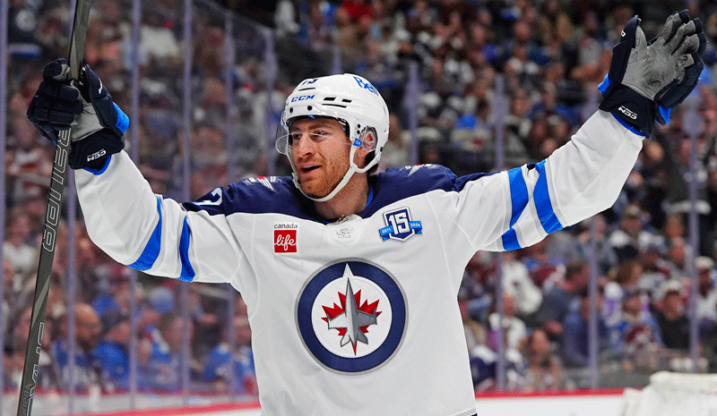 Gabriel Vilardi (13) celebrates scoring in the first period against the Colorado Avalanche at Ball Arena.