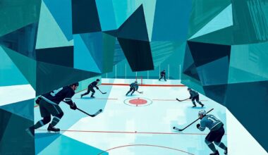 A fractured, abstract painting depicting a hockey game, with the players and ice reduced to angular, overlapping geometric shapes in shades of blue, green, and gray, conveying the intensity and strategic nature of the matchup.