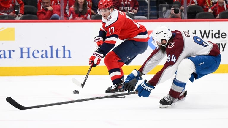 Washington Capitals center Dylan Strome (17) passes the puck against...