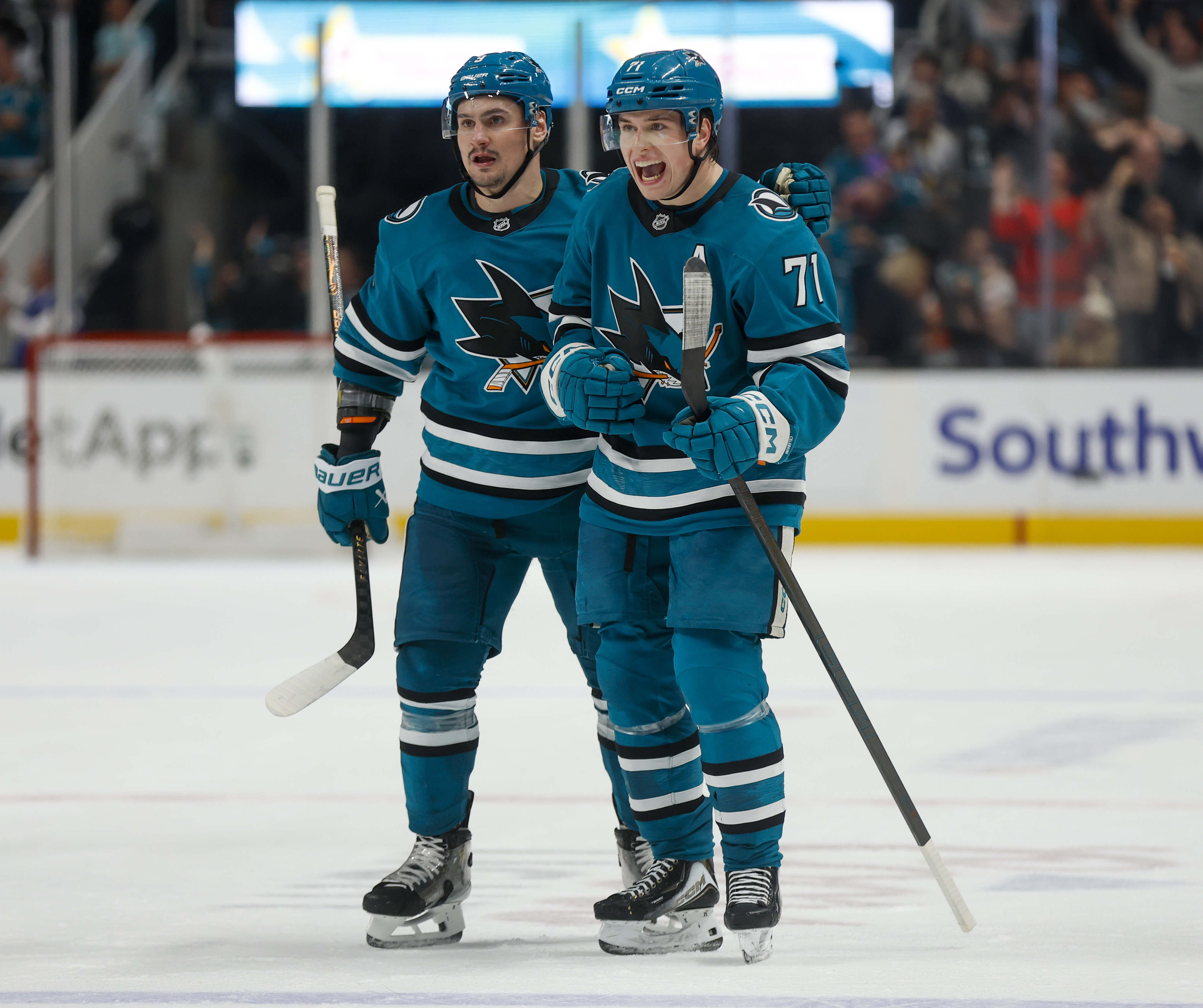 San Jose Sharks' Macklin Celebrini (71) celebrates his goal with...