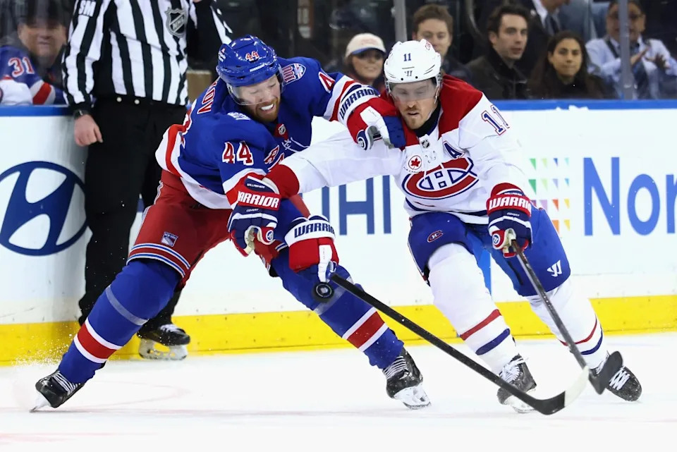 Vladislav Gavrikov of the New York Rangers holds back Brendan Gallagher of the Montréal Canadiens during the third period at Madison Square Garden on April 2, 2026. Getty Images