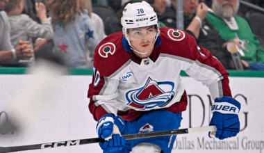 Sam Malinski (70) skates against the Dallas Stars during the game between the Stars and the Avalanche
