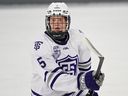 St. Thomas defenceman Hayes Hundley skates to the puck during a NCAA game against Lake Superior State earlier this season. 