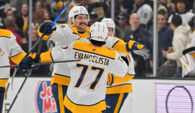 Nashville Predators right wing Luke Evangelista (77) is embraced by Predators
