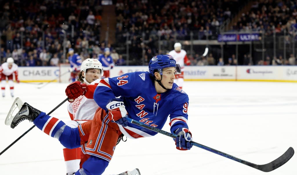 Gabe Perreault #94 of the New York Rangers scores a goal during the third period at Madison Square Garden, Saturday April 4th, 2026, in New York, NY. Jason Szenes for the New York Post