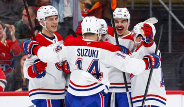 The Montr&eacute;al Canadiens players celebrate after a goal by defenseman Jayden Struble (47) during the first period of an NHL hockey game against the New Jersey Devils, Saturday, April 4, 2026, in Newark, N.J. (AP Photo/Noah K. Murray)