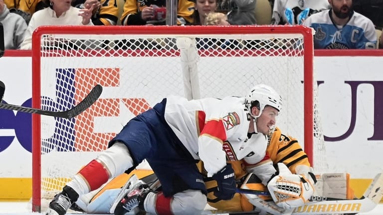 Florida Panthers left wing Matthew Tkachuk (19) wrestles away from...