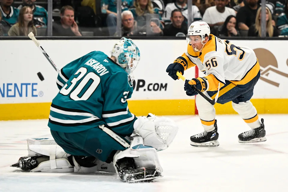 Apr 4, 2026; San Jose, California, USA; Nashville Predators left winger Erik Haula (56) scores against San Jose Sharks goaltender Yaroslav Askarov (30) in the third period at SAP Center at San Jose. Mandatory Credit: Eakin Howard-Imagn Images