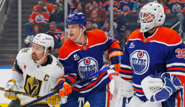 Vegas-Golden-Knights-Mark-Stone-with-Oilers-Connor-Murphy-and-Connor-Ingram