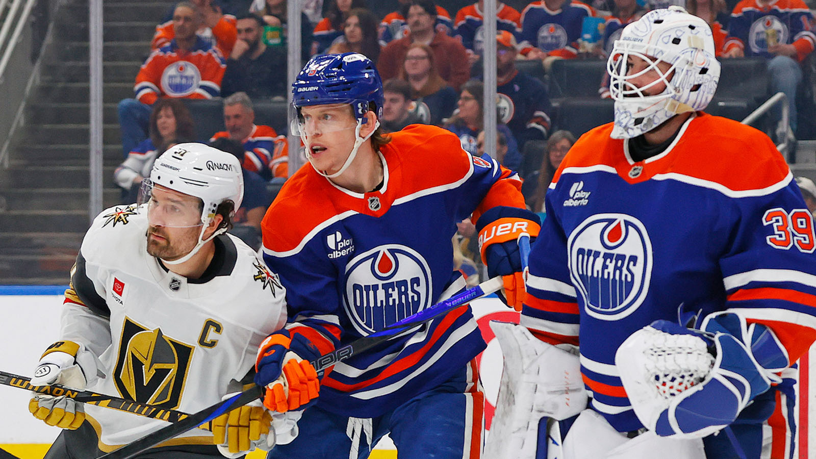 Vegas-Golden-Knights-Mark-Stone-with-Oilers-Connor-Murphy-and-Connor-Ingram