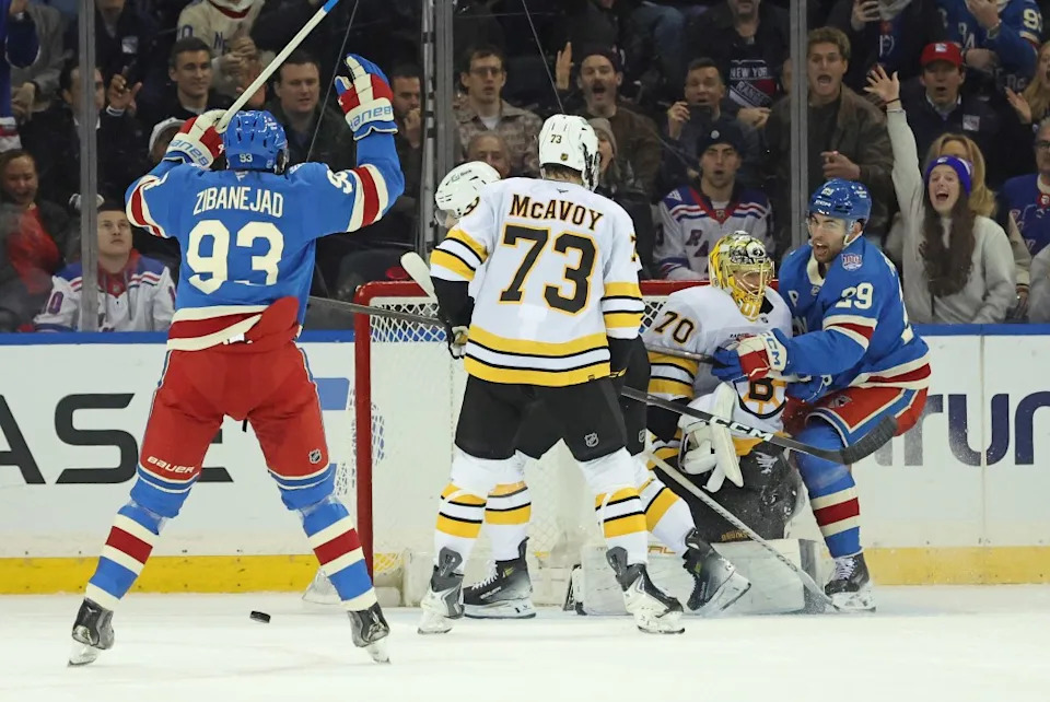 Rangers defenseman Matthew Robertson #29 scores the game winning goal during the overtime. The New York Rangers defeat Boston Bruins 4-3. Charles Wenzelberg / New York Post