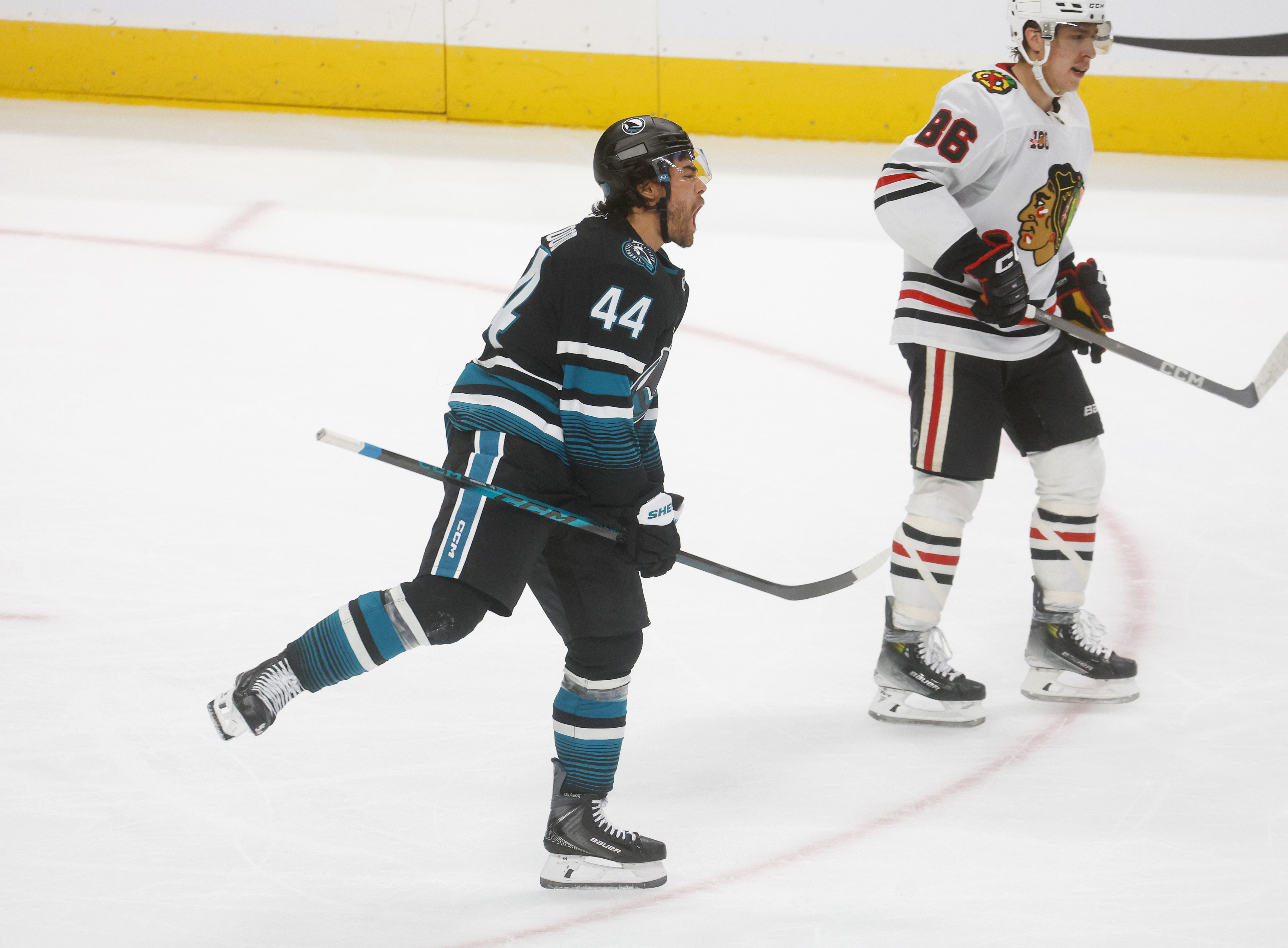 San Jose Sharks’ Kiefer Sherwood (44) celebrates his goal against...
