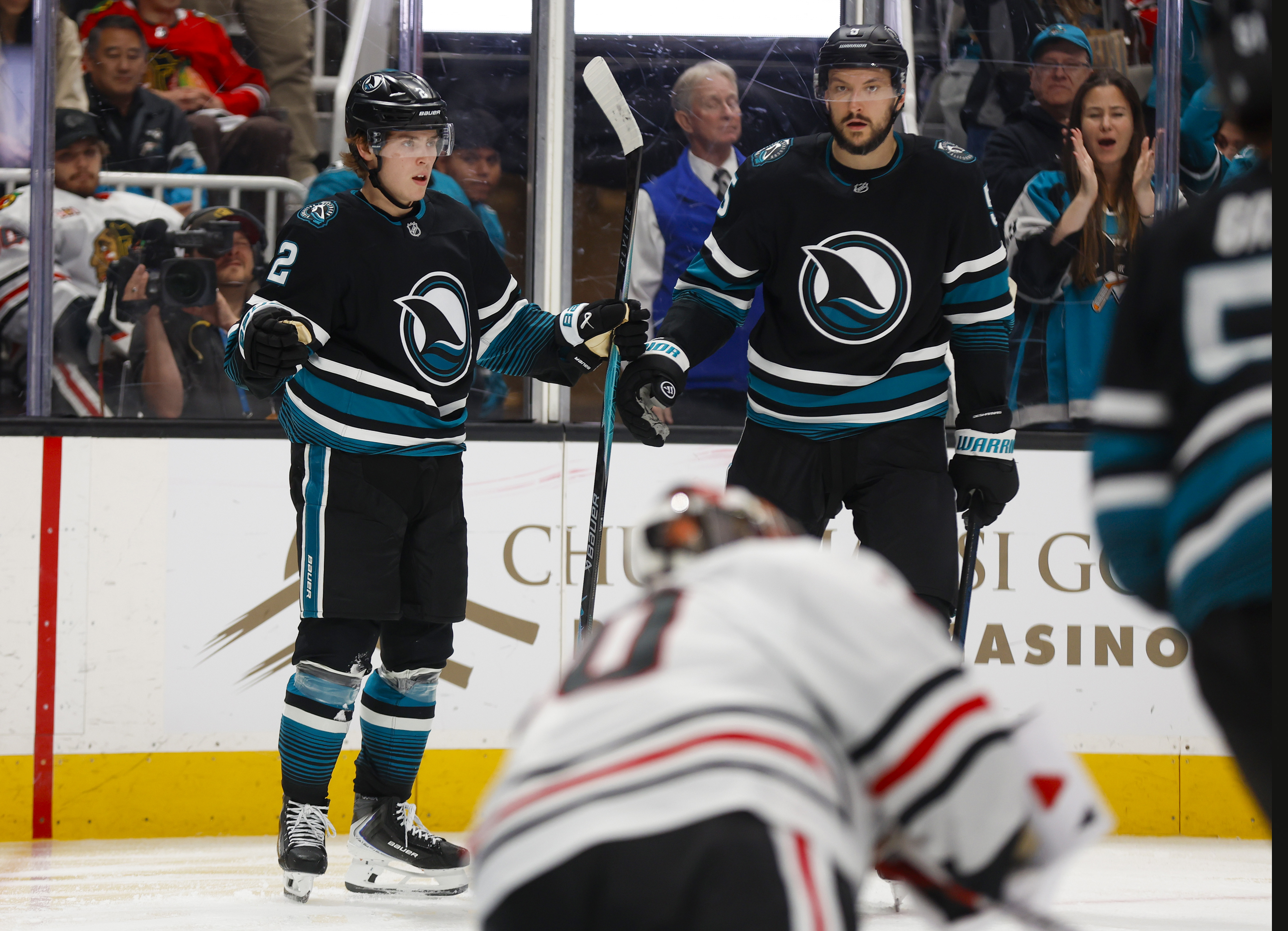 San Jose Sharks’ Will Smith (2) celebrates his goal next...