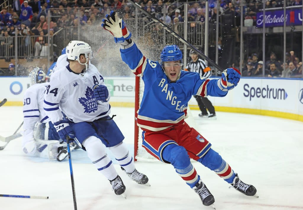 Rangers right wing Jaroslav Chmelar (49) reacts after he scores the first goal of his NHL career during the third period. The New York Rangers defeat the Toronto Maple Leafs 6-2. Charles Wenzelberg / New York Post