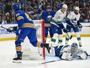Alex Tuch of the Buffalo Sabres scores on sprawling Thatcher Demko during second period at KeyBank Center on Jan. 6 in Buffalo. The Sabres won 5-3.