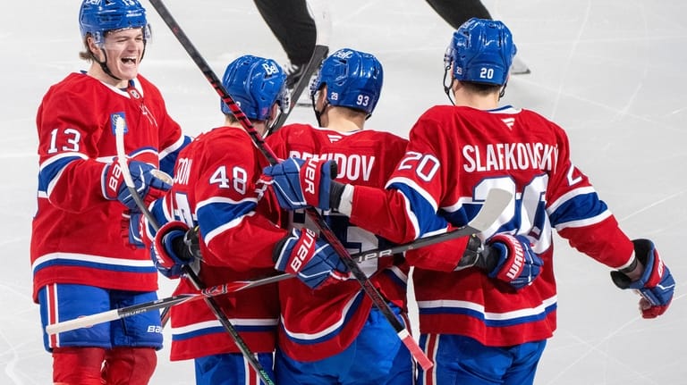Montreal Canadiens' Ivan Demidov (93) celebrates his goal over the...