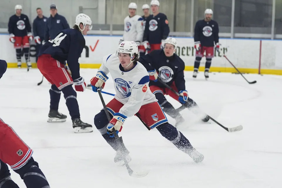 Pearl River native and New York Rangers rookie defenseman Drew Fortescue photographed during practice at New York Rangers training facility in Elmsford on Tuesday, April 7, 2026.