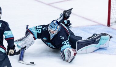 Kokko attempts goalie goal in 1st NHL start, stops 26 shots as Kraken beat Flames 4-1