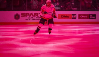 Capitals left wing Alex Ovechkin skates prior to a game against the Blue Jackets on April 14.