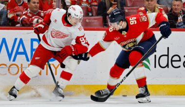 SUNRISE, FLORIDA - APRIL 15: Mikulas Hovorka #96 of the Florida Panthers battles Marco Kasper #92 of the Detroit Red Wings during the first period at Amerant Bank Arena on April 15, 2026 in Sunrise, Florida. (Photo by Carmen Mandato/Getty Images)