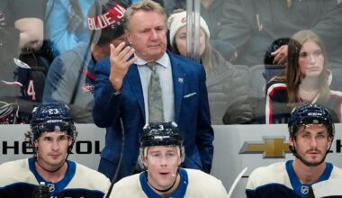 Columbus Blue Jackets head coach Rick Bowness reacts during the NHL hockey game against the Washington Capitals at Nationwide Arena in Columbus on April 14, 2026.