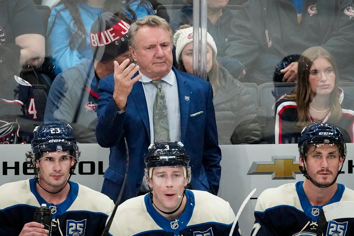 Columbus Blue Jackets head coach Rick Bowness reacts during the NHL hockey game against the Washington Capitals at Nationwide Arena in Columbus on April 14, 2026.