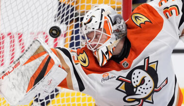 Anaheim Ducks goaltender Ville Husso (33) watches a goal is scored during the second period of an NHL hockey game against the Nashville Predators, Thursday, April 16, 2026, in Nashville, Tenn. (AP Photo/George Walker IV)
