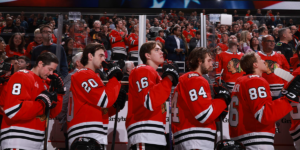 Chicago Blackhawks on the bench pregame