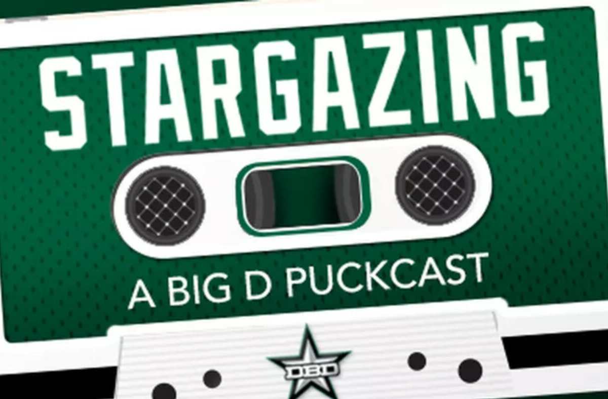Defending Big D's Stargazing podcast logo, featuring a Dallas Stars Victory Green cassette tape with tearaway jersey texture and nets over the sprocket holes, designed by Jason Lara
