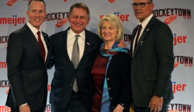Christopher Ilitch, Ken Holland, Marian Ilitch and new Detroit Red Wings GM Steve Yzerman after the press conference Friday, April 19, 2019 at Little Caesars Arena in Detroit, Mich.