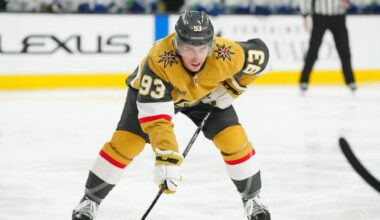 Vegas Golden Knights right wing Mitch Marner (93) awaits a face off.