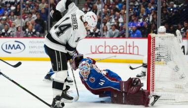 Colorado Avalanche goaltender Scott Wedgewood (41) makes a save against Los Angeles Kings right wing Alex Laferriere (14) during the second period of Game 1 in the first round of the NHL hockey Stanley Cup playoffs, Sunday, April 19, 2026, in Denver. (AP Photo Jack Dempsey)