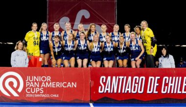 Abby Gerdeman celebrates in her USA Field hockey game