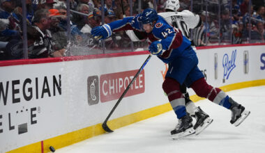 Colorado Avalanche defenseman Josh Manson (42) collides with Los Angeles Kings right wing Joel Armia (40) during the third period of Game 1 in the first round of the NHL hockey Stanley Cup playoffs, Sunday, April 19, 2026, in Denver. (AP Photo Jack Dempsey)