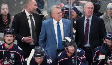 Columbus Blue Jackets head coach Rick Bowness watches from behind the bench during the second period of the NHL hockey game against the Boston Bruins at Nationwide Arena on March 29, 2026.