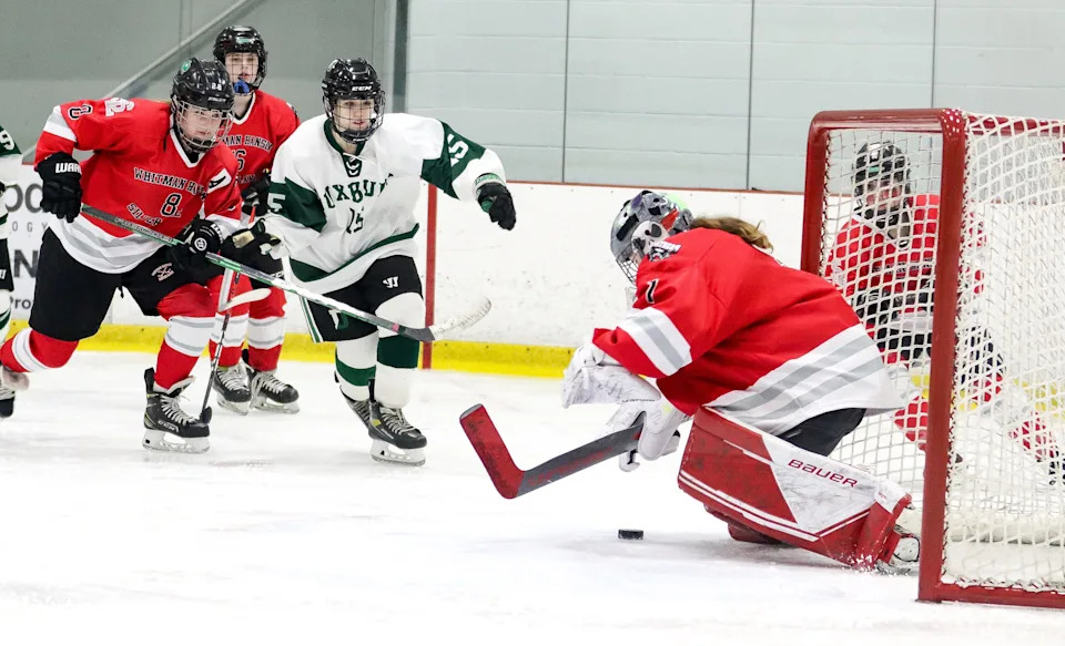 Whitman-Hanson/Silver Lake's Sadie Watchorn makes a save during a game against Duxbury at The Bog in Kingston on Thursday, Feb. 9, 2023.