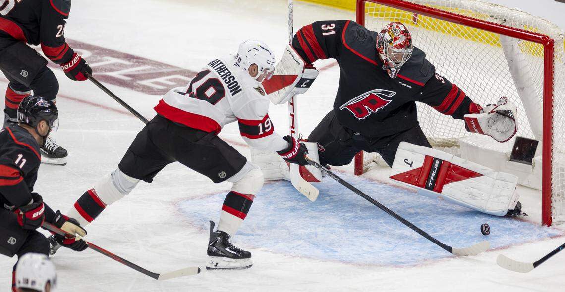 Carolina Hurricanes goalie Frederik Andersen (31) stops a scoring attempt by Ottawa right wing Drake Batherson (19) in the third period on Saturday, April 18, 2026 during the first round of the Stanley Cup Playoffs at Lenovo Center in Raleigh, N.C.