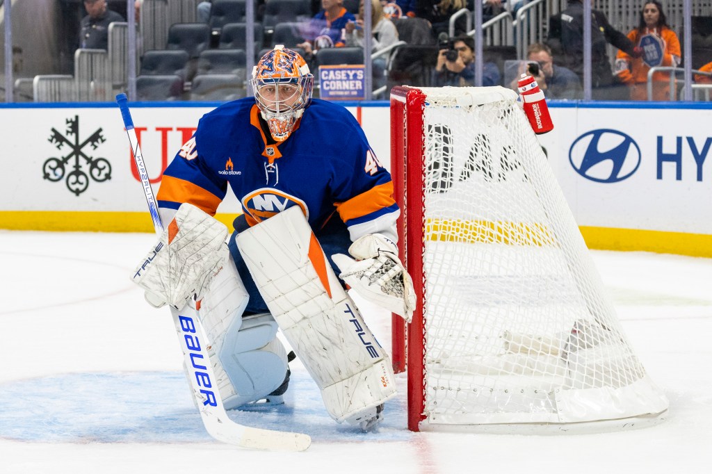 New York Islanders goaltender Semyon Varlamov (40) looks on during the second period against the Montreal Canadiens at UBS Arena, Saturday, Oct. 19, 2024, in Elmont, NY. 