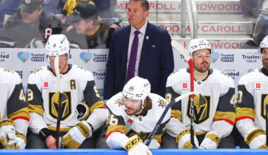 FILE - Vegas Golden Knights head coach Bruce Cassidy looks on during the third period of an NHL ...