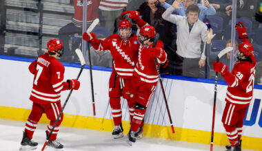 Wisconsin forward Christian Fitzgerald (13) celebrates with teammates after scoring a goal duri ...