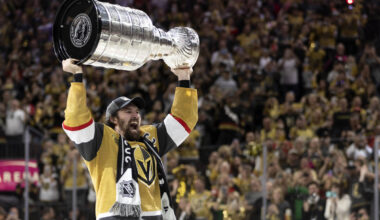 Golden Knights right wing Mark Stone (61) celebrates with the Stanley Cup after winning the NHL ...