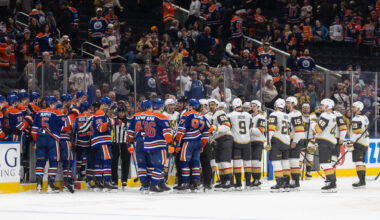 Vegas Golden Knights and Edmonton Oilers players exchange words as the leave the ice during an ...