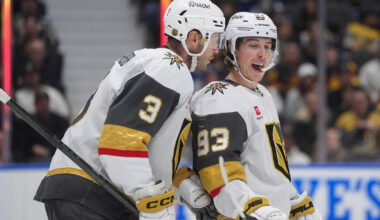 Vegas Golden Knights' Brayden McNabb (3) talks to Mitch Marner (93) before a faceoff durin ...