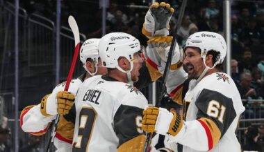 Vegas Golden Knights right wing Mark Stone (61) celebrates his goal with center Jack Eichel (9) ...