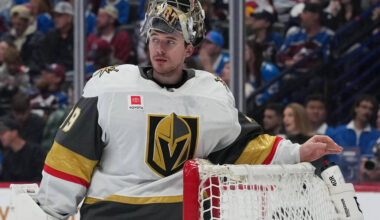 Vegas Golden Knights goaltender Carter Hart waits for play to resume in the third period of an ...