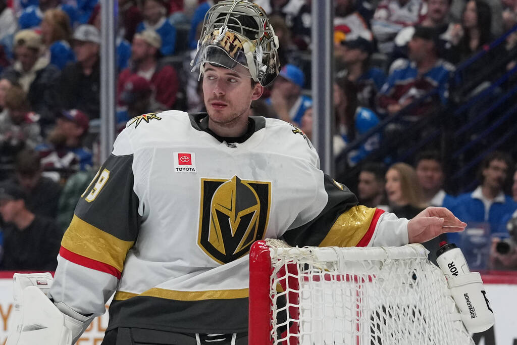 Vegas Golden Knights goaltender Carter Hart waits for play to resume in the third period of an ...